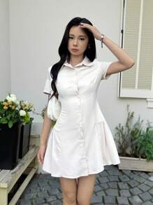 SHEIN Đầm xếp ly tay ngắn cổ bẻ đơn giản thoải mái cho bé gái tuổi teen - Màu be - Xem 6