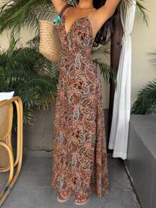 SHEIN Unity 波西米亚风佩斯利印花 V 领露背系带纽扣设计长裙 - 鏽棕色 - 查看 4