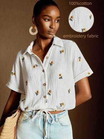 Écloséra 复古女式木质纽扣前系带刺绣短款白色衬衫夏季乡村音乐会