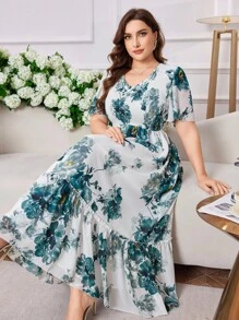 Modelyn 大码花卉印花喇叭袖雪纺连衣裙 - 綠色 - 查看 3