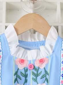 4-7 岁女童泡泡袖连衣裙，花卉印花拼接可爱休闲舒适荷叶边下摆泡泡袖连衣裙，返校学院风，适合所有季节 - 粉色 - 查看 4