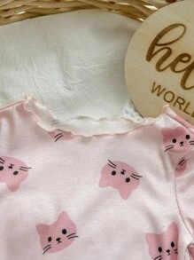 4pcs/Set Baby Girl Cute Heart & Kitty Pattern Ruffle Trim Crew Neck Long Sleeve Shirt And Pants Comfy Loungewear Set, For Christmas Print - Baby Pink - View 7