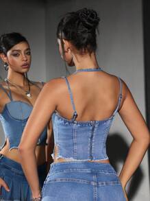 Jeanoix Top curto jeans feminino de cor sólida, justo, com decote halter e franjas