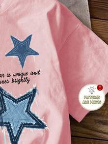 SHEIN Leap Crew ModeFlare Wear Tween Girl Casual Simple Pentagram Pattern Short Sleeves T-Shirt, Suitable For Summer - Pink - View 6