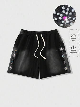 Grunge Punk Pantalones cortos casuales con cordón en la cintura, bolsillos y decoración de rhinestones para hombres