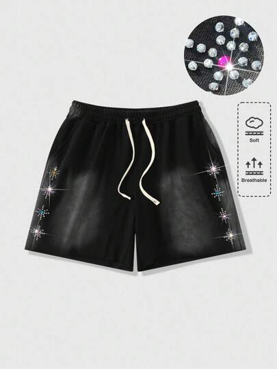 Grunge Punk Pantaloncini casual da uomo con vita con cordoncino, tasche e decorazioni in strass