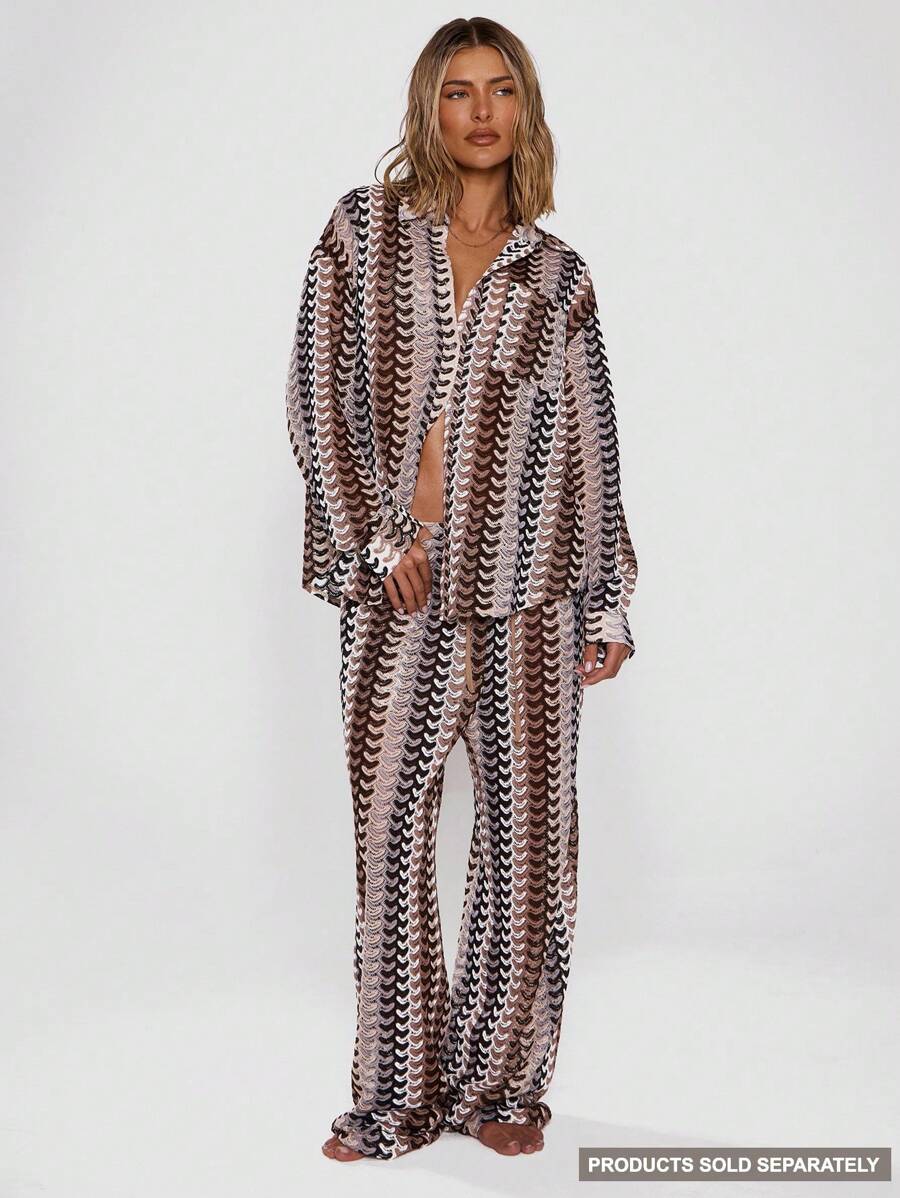 Musera Resort Áo sơ mi dài tay dáng rộng, họa tiết, phong cách Boho Ibiza, dễ thương, gợi cảm, thích hợp cho kỳ nghỉ hè, đi biển, áo khoác ngoài, kẻ sọc, thích hợp cho mùa thu, lễ hội, xuân. - màu nâu - Xem 1