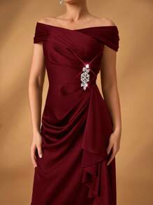 Serin Elegant Satin Off Shoulder Pleated A-Line Asymmetric Ruffle Hem Dress, Suitable For Evening Party, Gala, Wedding, Bride Mother Formal Wear