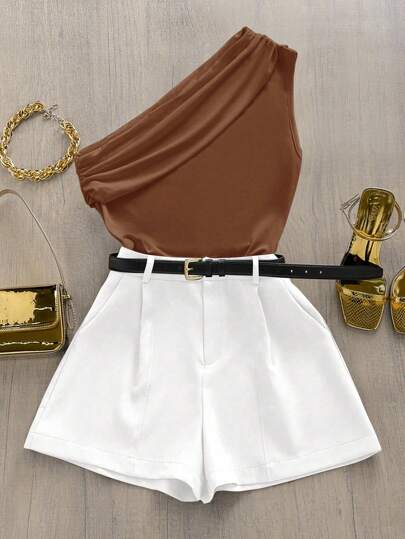 Airaco 女士纯色褶皱无袖上衣和褶皱短裤时尚两件套