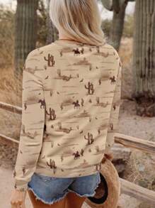 INAWLY Western Cowboy Desert Autumn And Winter Nostalgic Style Cactus Pattern Printed Khaki Casual Round Neck Padded Sweatshirt Pullover Fall - Khaki - View 2