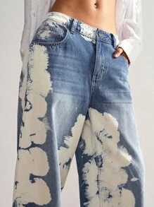 Bohemela 女式扎染图案口袋宽腿宽松休闲牛仔裤 - 藍色 - 查看 2