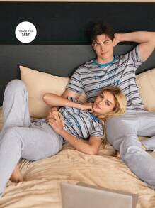 SHEIN 撞色条纹和字母印花男士休闲短袖睡衣套装 - 灰色 - 查看 1