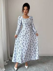 SHEIN Raffinéa Elegantes langes Kleid mit Muster für Damen - Blau-Weiß - Übersicht 6