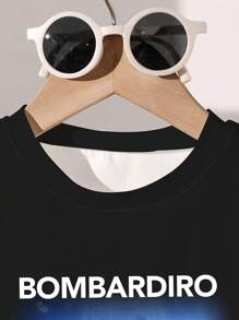 SHEIN Young Boys' Casual Cartoon Style T-Shirt, Crocodile Head & Airplane Print, Paired With "BOMBARDIRO" "CROCODILO" Graphic Short Sleeve Crew Neck T-Shirt, Suitable For Everyday Casual Wear In Summer, School, Campus, College - Multicolor - View 4