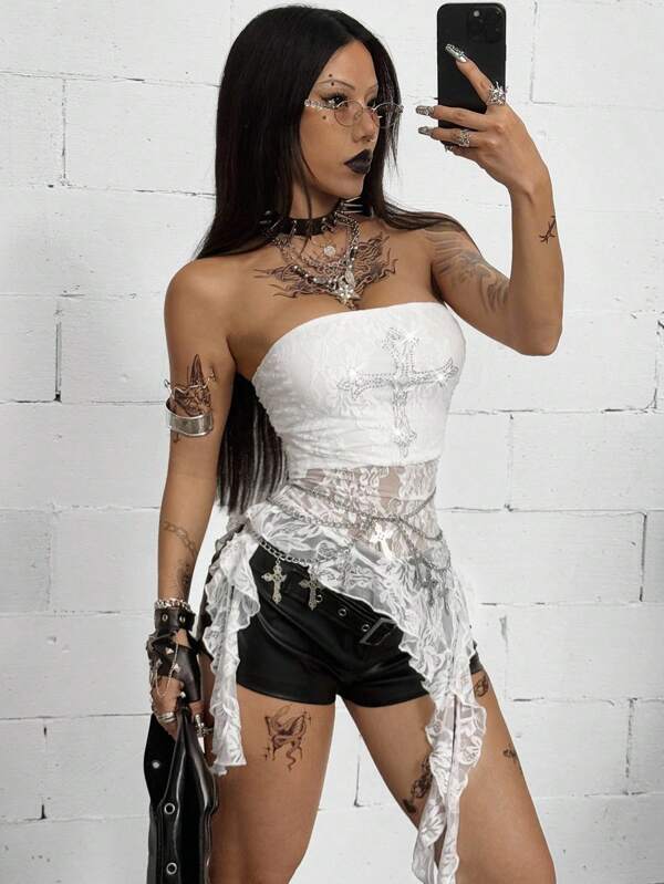 Coolane Women's Summer Rave Outfit RETRO PUNK Festival Streetwear Grunge Y2K Gyaru Lace Ruffle Diamond Pattern White Tank Tops