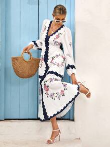 Vivid Eden 女式花卉印花V领撞色边长袖连衣裙 - 彩色 - 查看 5
