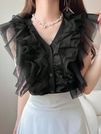 FRIFUL 女士黑色 V 领无袖撞色网眼百搭 T 恤、沙滩短款上衣