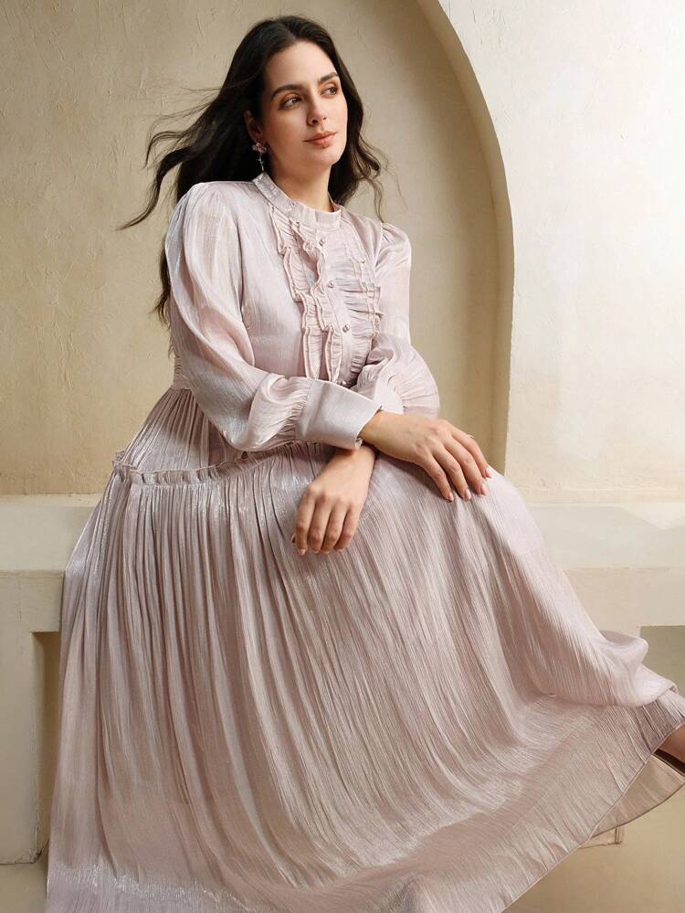 Plus Size Women Long Patchwork Ruffle Hem Elegant Versatile Dress