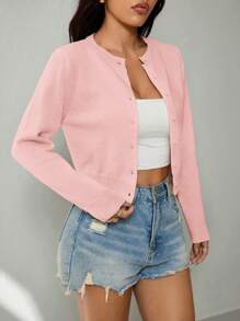 SHEIN PETITE 女士休闲纯色短款开衫 粉色开衫 秋冬女款 - 粉色 - 查看 5