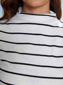 SHEIN Clasi Women's Casual Commute Striped Ruched Fitted Tank Top - Black and White - View 7