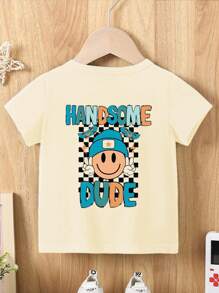 SHEIN Young Boys' Casual Comfortable Fashion Cute Face Checkered Pattern "HANDSOME DUDE" Printed Short Sleeve T-Shirt, Summer, School, Campus, College - Apricot - View 2