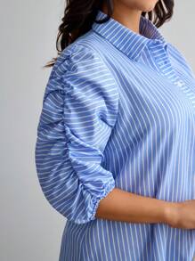 EURMUSE Đầm nữ cổ polo tay ngắn kẻ sọc thanh lịch có viền xếp ly cho mùa xuân cỡ lớn - Màu xanh lam - Xem 5