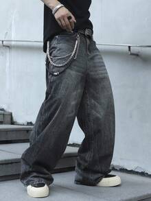 Manfinity EMRG Męskie jeansy retro z haftem w kolorze czarnym, luźne, z szerokimi nogawkami