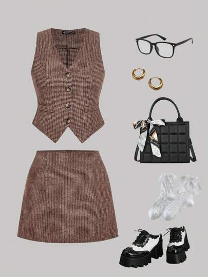 SHEIN MOD Plusstorlek damkostym med hundtandsmönster och kort kjol, mångsidig affärselegans, lämplig för nya kvinnor, arbetskläder för hösten, outfit för skolstart