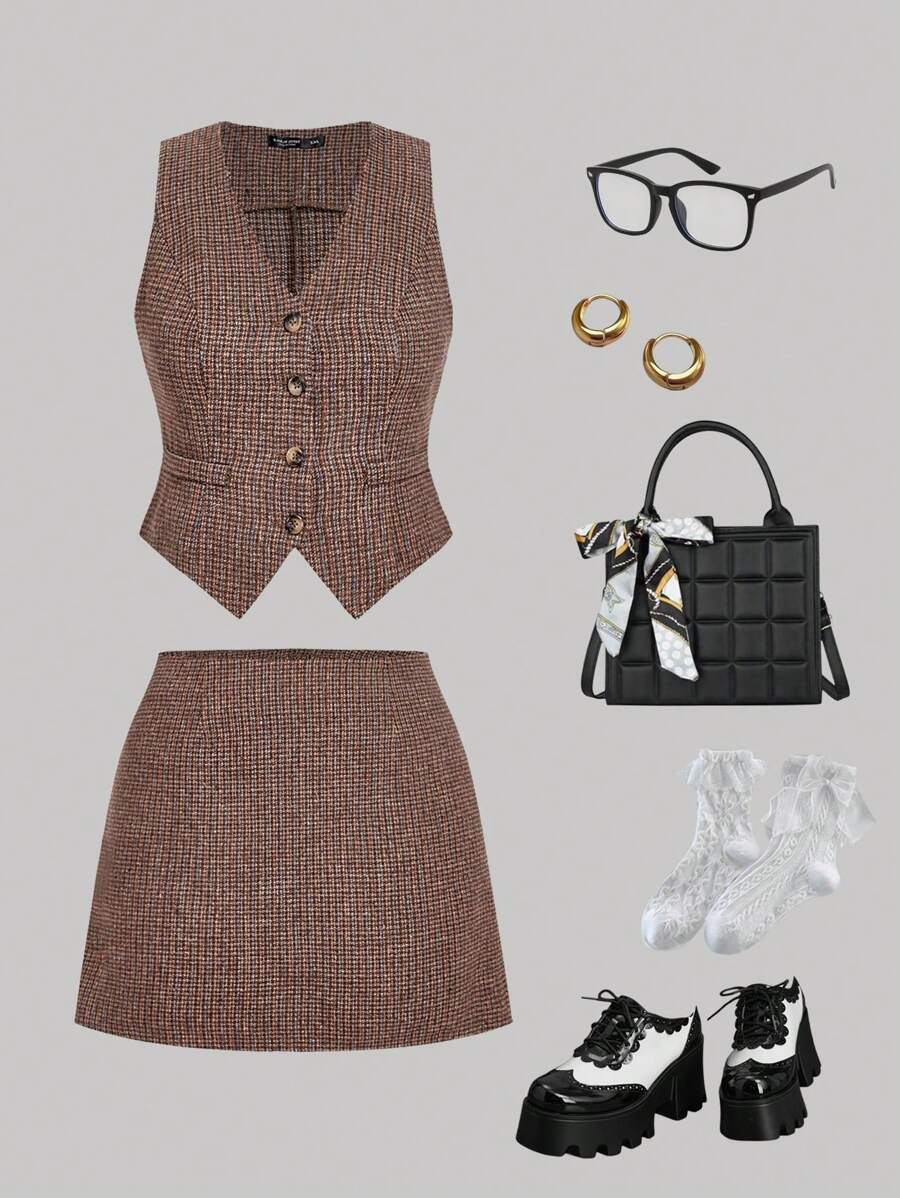 SHEIN MOD 大码女式千鸟格纹背心和短裙套装，百搭商务优雅，适合新女性，秋季工作装，返校装