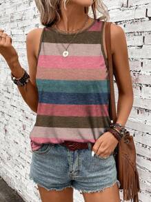 SHEIN LUNE Casual Striped Pattern Round Neck Tank Top For Women, Suitable For Summer Back To School