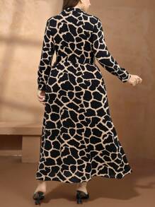 Chikora Plus Size Geometric Print Shirt Dress Casual Teacher Uniform Fall Dress