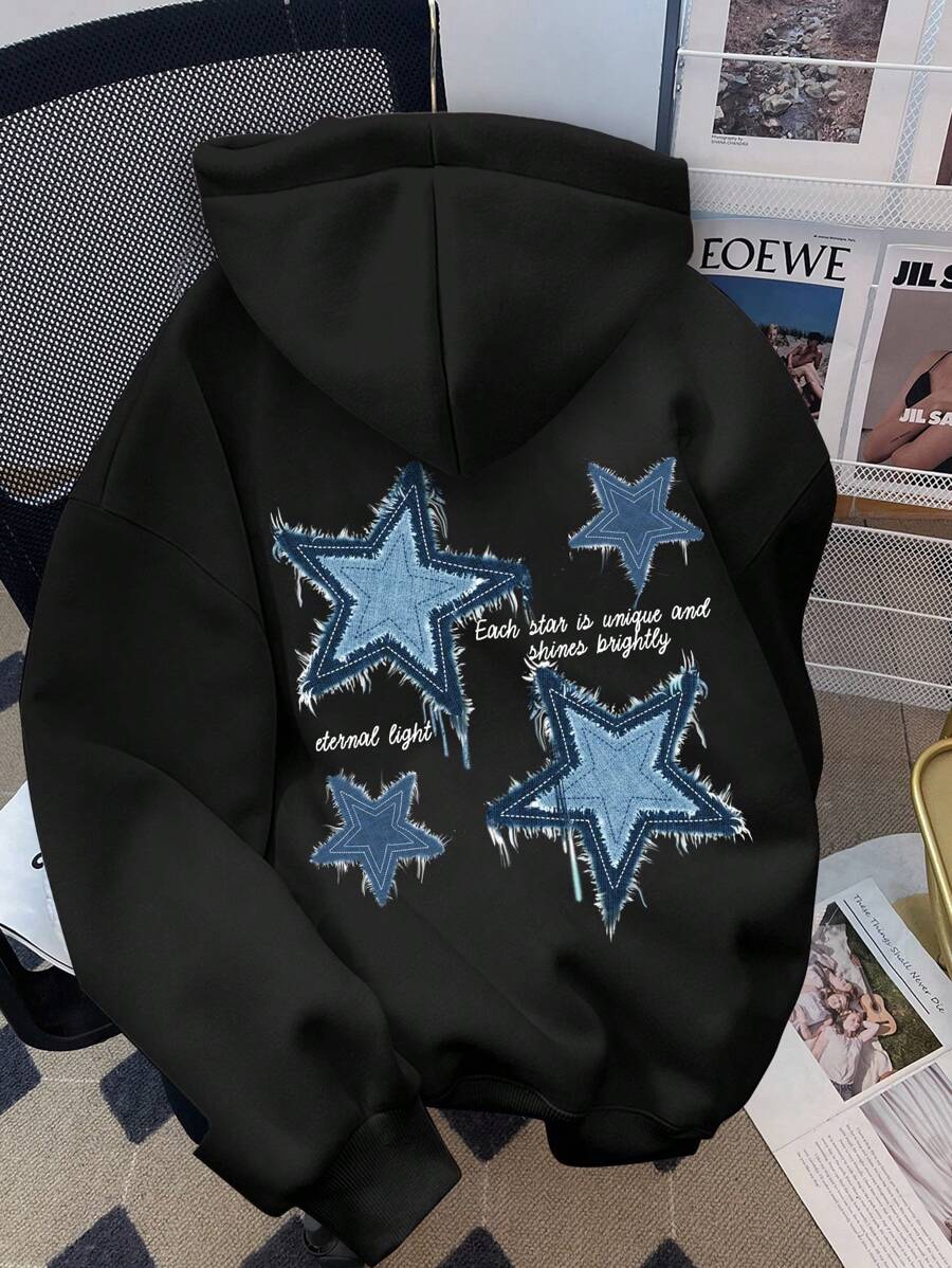 SHEIN Leap Crew 青少年女孩休闲简约个性化星星图案黑色长袖连帽加厚运动衫，适合返校、秋冬季 - 黑色 - 查看 1