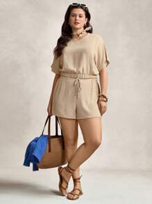Zelara Conjunto casual de 2 piezas de talla grande consistente en una blusa de manga corta y cuello redondo de unicolor y shorts anudados para el verano