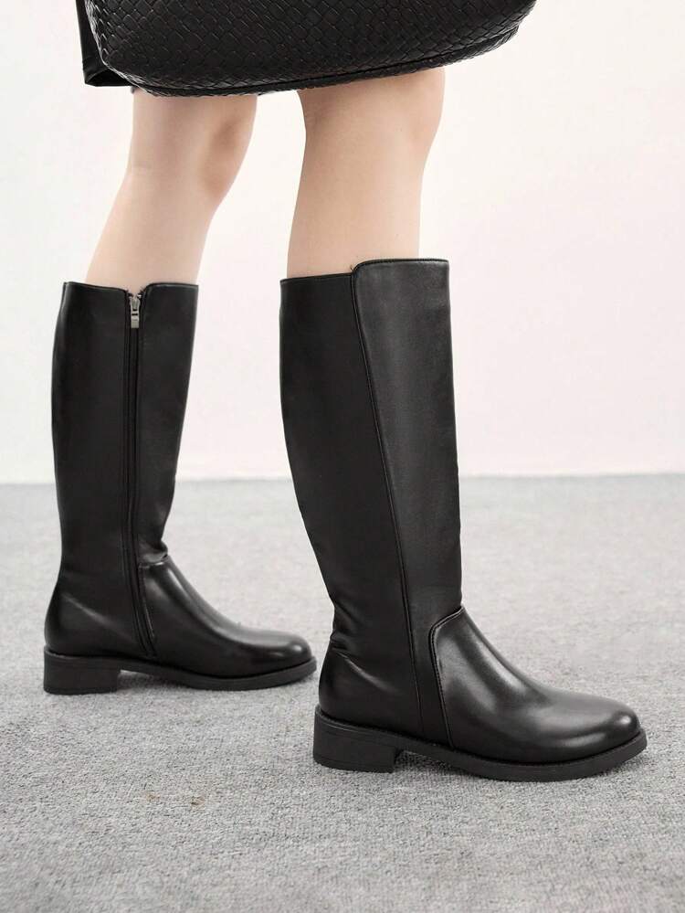 CUCCOO BIZCHIC Botas de caña alta de punta redonda con parches y cremallera lateral para mujer, color negro, botas casuales y versátiles de uso diario, de suela plana y hasta la rodilla