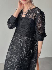 FRIFUL Women's Black See-Through Lace Fabric Long Sleeve Dress,Fall Dress