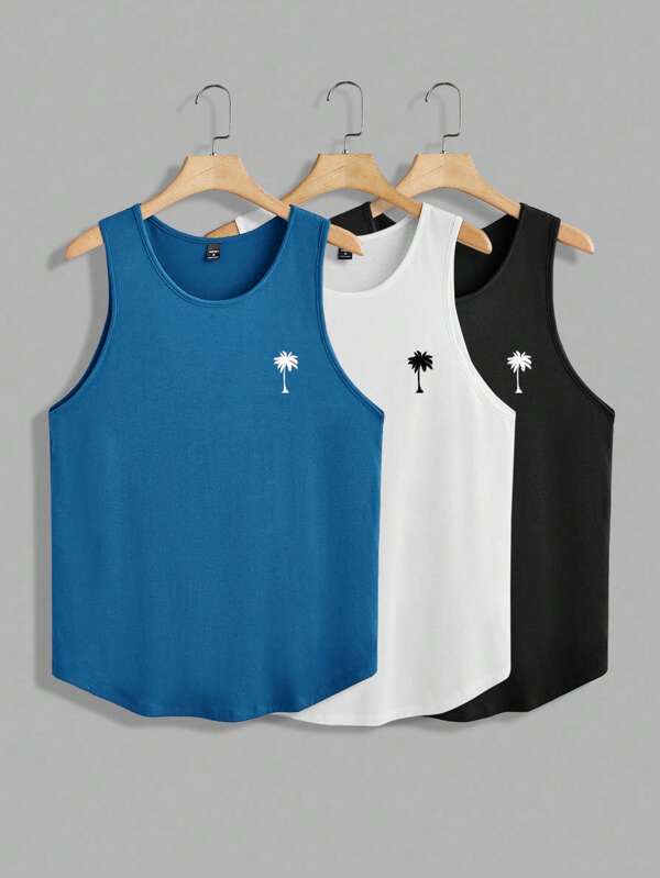 Manfinity Hypemode 3pcs/Pack Men's Arc Hem Tank Top, Casual Coconut Tree Print, Versatile For Spring/Summer, Gym, Outdoor Wearing