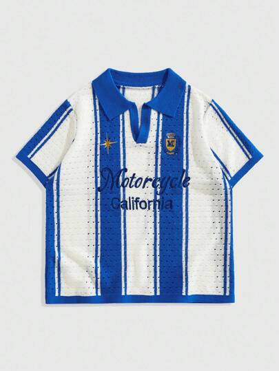 Prep Suéter de punto con bordado de letras a rayas de contraste para hombre