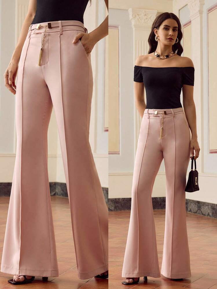 ZEYLAH Pantalon évasé taille haute élégant de couleur unie avec poches pour femmes