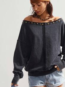 Bohemela Boho Sommer/Herbst Damen Casual Einfarbig Washed Black Studded Metal Decor Off Shoulder Sweatshirt, Bohomian Style Urlaubsoutfits, Geeignet für Musikfestivals - Schwarz - Übersicht 4