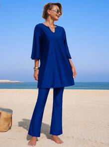 Swim Mulvari Conjunto de dos piezas para mujer con blusa de manga larga holgada de unicolor y cuello en V, y pantalones acampanados de pierna ancha - Azul - Ver 1