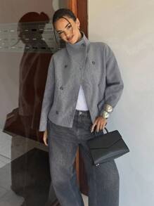 Siren Gaze 女纯色落肩长袖双排扣休闲大衣女双扣休闲羊毛混纺外套秋冬高腰宽袖外套