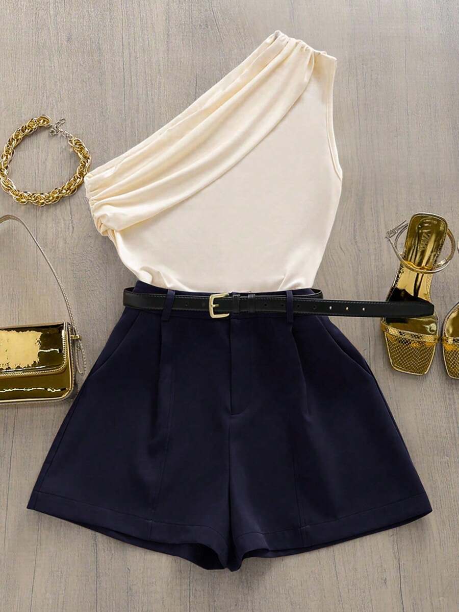 Airaco 女士纯色褶皱无袖上衣和褶皱短裤时尚两件套 - 杏色 - 查看 1