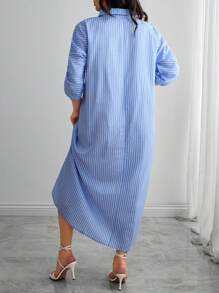 EURMUSE Đầm nữ cổ polo tay ngắn kẻ sọc thanh lịch có viền xếp ly cho mùa xuân cỡ lớn - Màu xanh lam - Xem 2