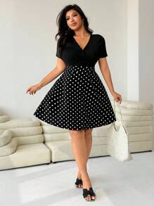 Solflare Plus Size Polka Dot Patchwork Casual Vacation Dress, Spring/Summer,Back To School,Teacher Outfits,Polka Dot Black And White Polka Dot Dress Plus Size Black And White Dress Women Black And White Dress,Holiday Outfits For Women Plus Size Black And White Polka Dot Dress,Short Sleeve Wrap A-Line Black And White Polka Dot Dress For Women