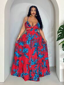 Slaydiva Slaydiva 2025 New Arrivals Summer Vacation Sexy Backless Tie Strap Floral Print Maxi Dress With Oversized Skirt Curve Maxi Dress Curve Summer Dress Curve Sundress Plus Vacation Dress Tropical Print Maxi Dress