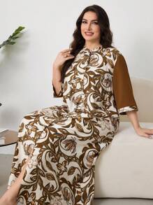 Lacomfia Plus Size Women's Casual Vintage Floral Print Loose 3/4 Sleeve Maxi Dress, Vacation Style - Khaki - View 7