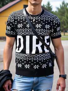 Manfinity Homme Men's Casual Letter Print Round Neck Short Sleeve Knit Sweater, Summer Back To School - Multicolor - View 4