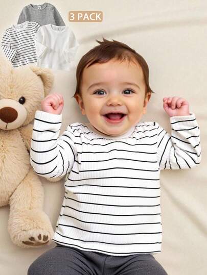 SHEIN 3pcs Simple Fashionable Casual Newborn Baby Boys Girls Spring Autumn Round Neck Long Sleeve Cute Stripe White Gray Tee Tops Comfortable Baby Girl High Quality Clothing