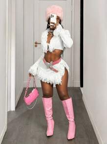 BamGleam 女士毛衣、裙子、针织白色流苏吊带，结合性感度假海滩派对，春夏秋季女装 - 白色 - 查看 5