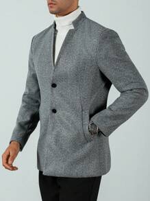 Manfinity Mode Men's Stand Collar Business Casual Wool Blend Coat, Mens Gray Jacket, Mens Formal Jacket, Mens Wool Jacket - Grey - View 3